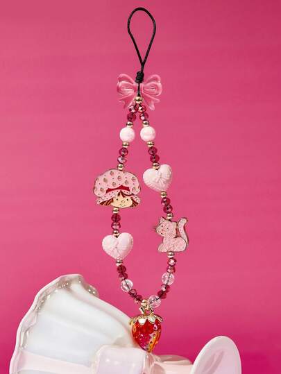 Strawberry Shortcake X SHEIN Stylish And Cute Cartoon Zinc Alloy Red Imitation Crystal Handmade Beaded Mobile Phone Chain Strawberry Mobile Phone Lanyard Bow Mobile Phone Pendant
