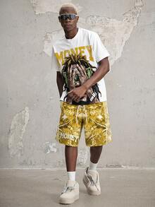 Manfinity ZONE917 Men's Letter Print Round Neck Short Sleeve T-Shirt And Leaf Print Shorts Casual Set - Yellow - View 9