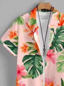 VIVINTIMO Camisa de manga corta casual de verano para hombres con estampado de hojas y cuello de tortuga - Rosa - Ver 4
