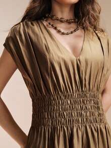 Arave Women Long Maxi Dress Viscose Textured Fabric A-Line Wide Smocked Elastic Waist V Neck Flutter Sleeve Pleated Design Elegant Vintage Vacation Brown Dress Elegant Dresses For Women Vacation Outfits Women Summer Holiday Outfits Viscose Dress Women Dress Smocked Dress For Women V Neck Dress For Women Maxi Dress For Women - Brown - View 7