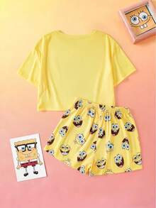 SpongeBob SquarePants | SHEIN Women's Cartoon Print Short Sleeve Top And Shorts Pajama Set, - Yellow - View 2