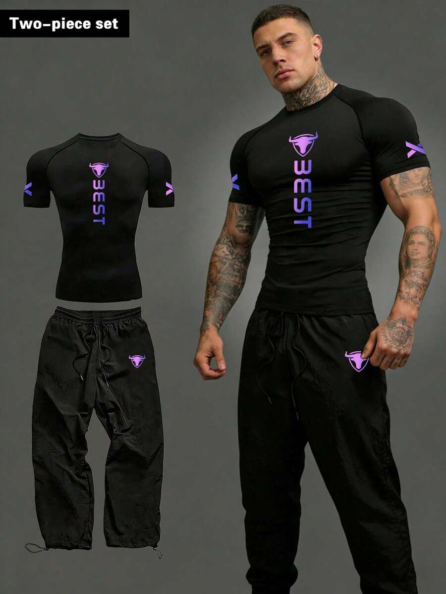 GymBeat Bộ đồ thể thao nam in chữ, áo thun và quần ngắn tay, bộ tập gym, áo nén thể thao nam, bộ đồ thể thao nam, trang phục năng động nam. - màu đen - Xem 1