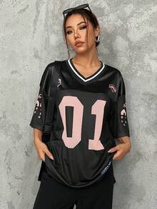 SHEIN EZwear 休闲运动撞色宽松短袖T恤，数码印花，落肩设计 - 彩色 - 查看 3