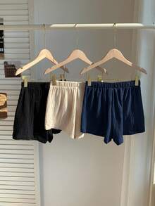 Comfortcana 3pcs Women's New Fashion Multi-Color Linen Shorts - Navy Blue - View 2