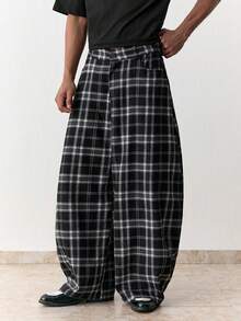 SWAVVY Men's Casual Commuter Plaid Curved Leg Pants - Black - View 7
