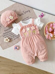 SHEIN Playful Pals Bộ đồ mùa hè thời trang mới dễ thương cho bé gái: áo liền quần và mũ màu xanh lá cây thêu hoa 3D, tay bồng. - Màu Hồng baby - Xem 5