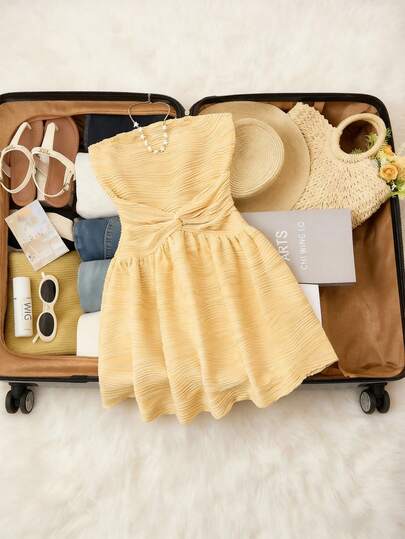 Trelyra Vacation Minimalist Sexy Fashion Twist Bandeau Cream Yellow Short Dress For Women, Spring/Summer