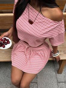 FavEase Pink And White Striped Summer Casual Beach Women's 2-Piece Outfit,Loose Off-Shoulder Short Sleeve Cropped Top & High-Waist A-Line Mini Skirt Set - Pink - View 3