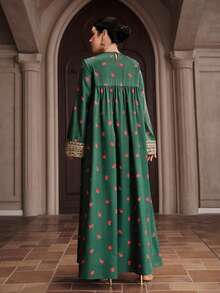 Al Najma Đầm maxi dài tay cổ tròn in hoa, viền ruy băng dành cho nữ, kiểu truyền thống Ả Rập. - màu xanh lá - Xem 6