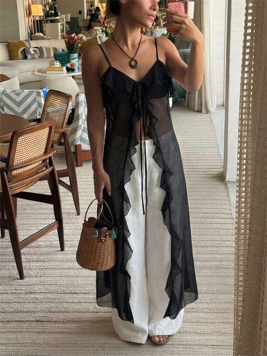 Aloruh 女士性感波西米亚风纯白色薄纱超长款衬衫，女士音乐节上衣 - 黑色 - 查看 1