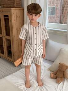 Dazy Kids 两件套幼儿男童条纹衬衫短裤套装，休闲装 - 米色 - 查看 4