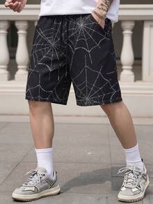 ROMWE MEN Goth Summer Casual Spider Web Print Shorts - Multicolor - View 3