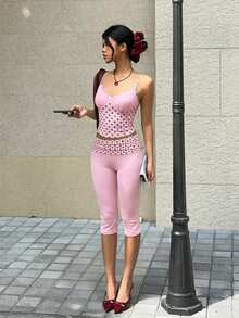 MainGRL 粉色波点拼接女式打底裤 - 粉色 - 查看 2