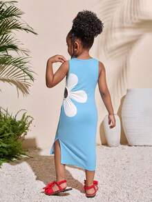 Young Girl Tropical Fashion Fuchsia Round Neck Waist Cutout A-Line Dress - Blue - View 2