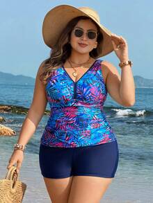 Swim Lushoire Plus Size Fashionable Printed Casual Vacation Tankini Swimwear - Multicolor - View 5