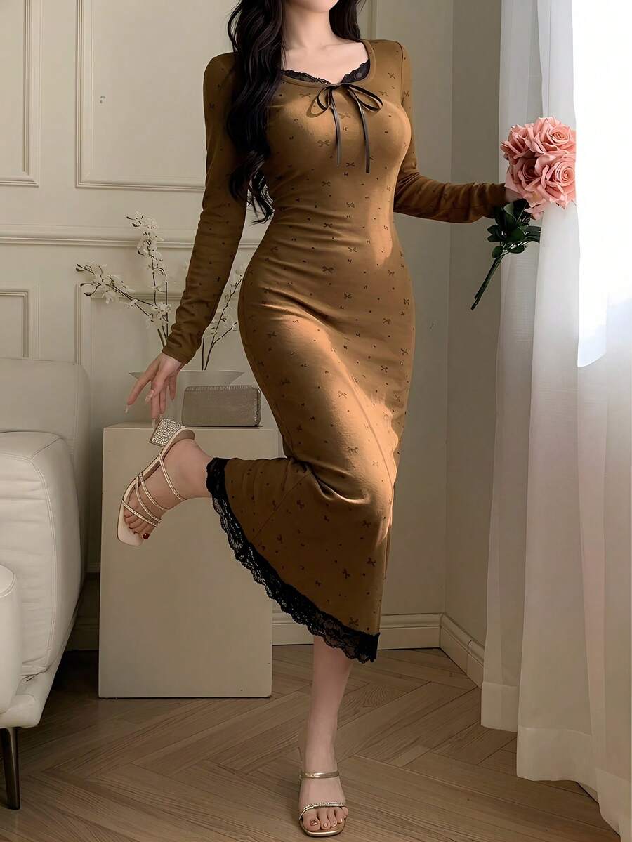DAZY Women's Long Nightgown With Bow Print, Contrast Color Lace Patchwork, Waist Cinched, Suitable For Autumn/Winter - Khaki - View 1