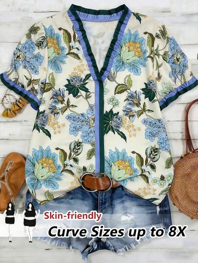 SHEIN CURVE+ Plus Size Woven Printed Casual Resort Summer Women's Shirt