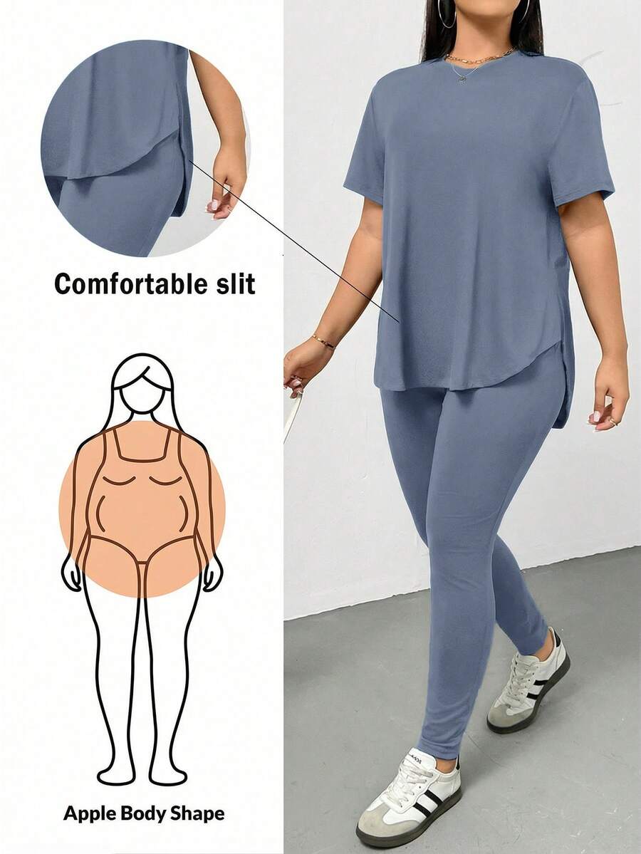 SHEIN Essnce Bộ đồ thể thao nữ cỡ lớn mùa xuân hè, thoải mái, cơ bản, đa năng, tôn dáng, gồm áo thun ngắn tay và quần legging màu đen, set hai mảnh, trang phục đường phố, trang phục sân bay, trang phục mùa hè cho nữ, trang phục đi chơi, phong cách Y2K, phong cách tối giản, trang phục đi nhà thờ cho nữ. - Màu xanh lam - Xem 1