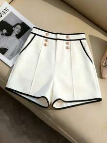 GlowEve Celana Pendek Kasual Minimalis Wanita Warna Kontras Hitam & Putih, Cocok Untuk Jalan-jalan, Musim Semi/Panas - Aprikot - View 4