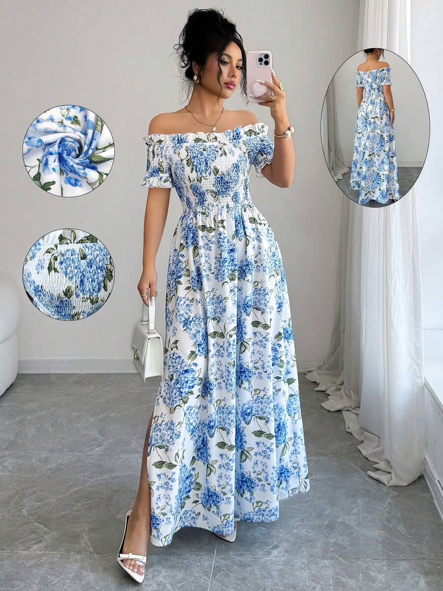 Elenzga Đầm nữ thanh lịch, thời trang, thoải mái, quyến rũ, cổ điển, tối giản, cao cấp, lãng mạn, thích hợp cho kỳ nghỉ, có bèo nhún, lệch vai, thắt eo, dáng chữ A, in hoa (Họa tiết ngẫu nhiên) - Màu xanh lam - Xem 1