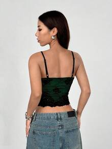 Rina Fox 法式性感蕾丝撞色露背吊带背心女式印花T恤女式上衣 - 綠色 - 查看 2