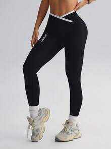 Seamluxe SHEIN Sport Quần legging thể thao yoga không đường may/Thiết kế đáy quần/Cạp cao ôm bụng/Họa tiết sọc dọc/Thời trang gợi cảm/Đa năng/Thoải mái/Tập luyện thể dục/Chạy bộ ngoài trời - màu đen - Xem 8