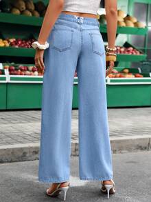 Breezaya Quần jeans nữ dáng rộng in hoa, có túi hai bên. - Màu xanh lam - Xem 5