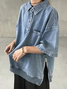 FRIFUL Áo sơ mi denim nữ dáng rộng, cài cúc nửa vạt, vai rớt, có túi, thích hợp cho mùa hè. - Màu xanh lam - Xem 1