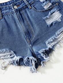 Rivivi Women's Blue Distressed Fashion Denim Shorts - Medium Wash - View 6