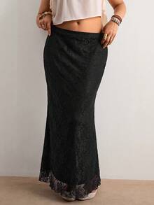 Plus Size Solid Color Lace Fitted Long Skirt, Summer Sexy Party  Holiday Outfits Beach Dress Boho Style Hippie Black - Black - View 2