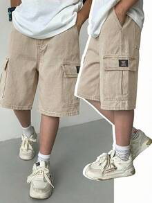 SHEIN Little Byeori 青少年男孩時尚休閒 Y2k 復古酷感工裝口袋設計藍色寬鬆舒適牛仔短褲 柔軟日常穿搭 春夏電音節慶海灘款 - 卡其色 - 查看 6