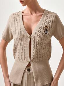 Briarwyn Áo khoác cardigan tay ngắn dệt xoắn kiểu gấu bông dành cho nữ, phong cách thường ngày. - Màu be - Xem 3