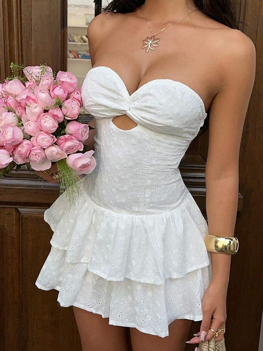 Sunnyshic European & American Wedding Season  Graduation Season White Dress  Light Formal / Light Evening Gown  Strapless / Tube Top Embroidered Fabric  Women's Summer Dress - White - View 1