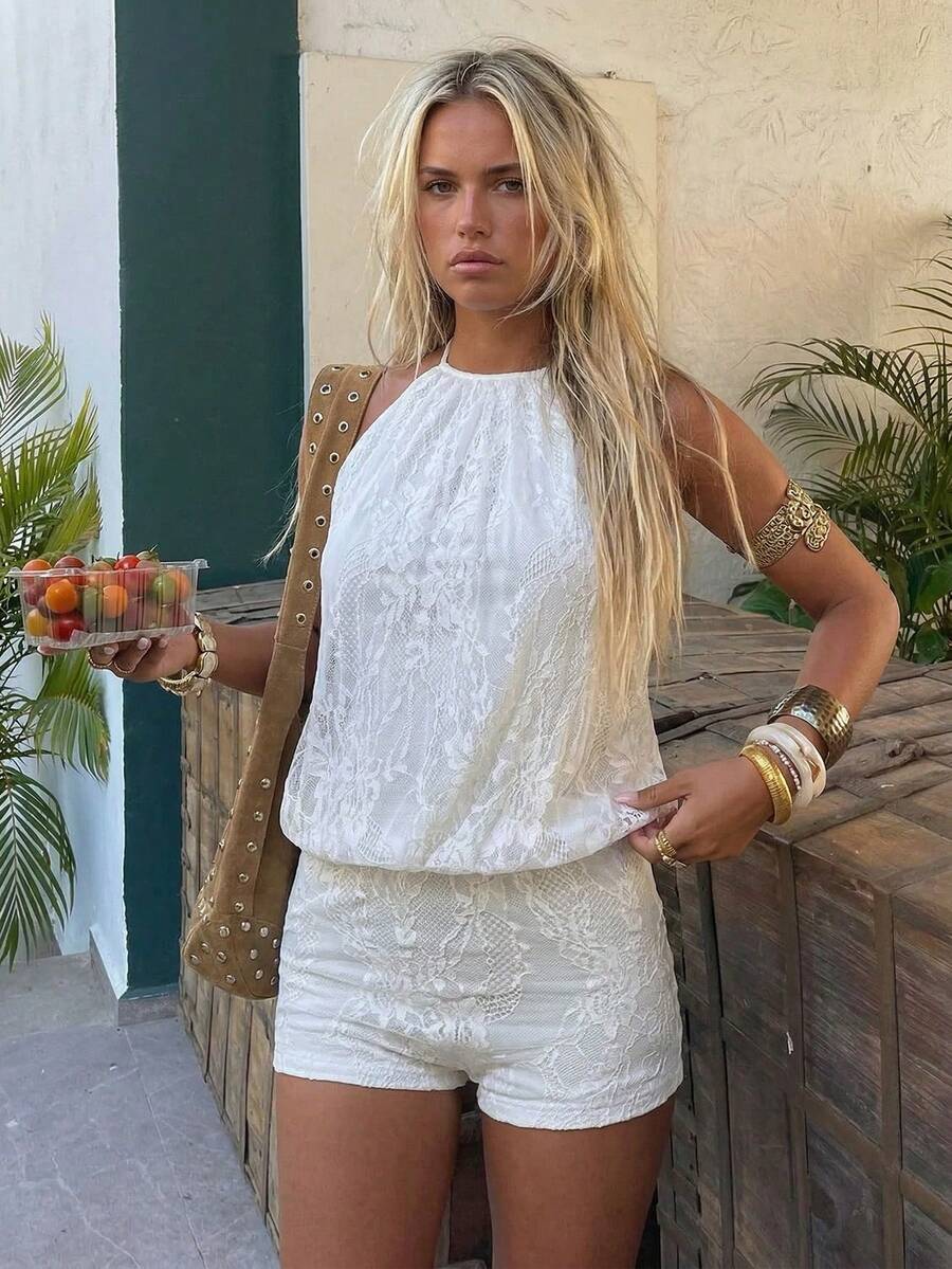 Aloruh Elegante mono halter sin espalda, estilo bohemio de resort, adecuado para playa, boda, verano