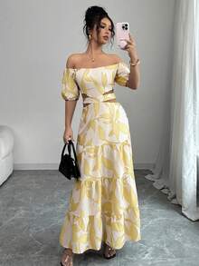 Elenzga Đầm nghỉ mát lệch vai, buộc dây, khoét rỗng dành cho nữ (Họa tiết hoa, cắt bất đối xứng) - Vàng nhạt - Xem 4