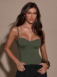 SHEIN BAE 女士休闲纯色无袖连体衣，夏季 - 軍綠色 - 查看 4