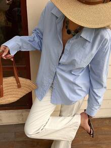 DAZY 女士蓝色长袖衬衫，复古休闲宽松男友风上衣，适合春夏穿着 - 藍色 - 查看 5