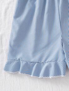 SHEIN Sparklyn Teen Girls' Romper, Elegant Casual Holiday, Spaghetti Strap Snug Fit Fitted Blue Woven Shorts, Spring/Summer, Suitable For Outdoor Holiday Wear - Blue and White - View 5