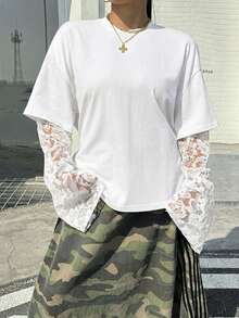 SHEIN EZwear 大码女式白色撞色蕾丝二合一T恤 - 白色 - 查看 6
