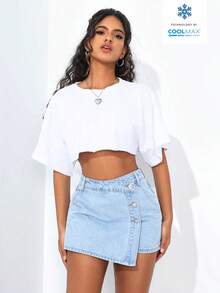 SHEIN PETITE 女款鈕扣休閒百搭約會與外出牛仔裙褲，適合嬌小女性 - 淺色水洗藍 - 查看 4