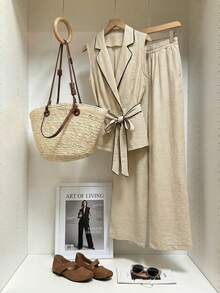 Firerie 女士优雅亚麻混纺撞色上衣和裤子套装，适合度假 - 彩色 - 查看 3