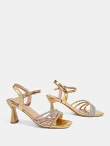 CUCCOO TILAWA Sandal Hak Tinggi Elegan Wanita dengan Ujung Persegi dan Hiasan Berlian Imitasi, Bahan PU dengan Motif Batu Emas Gelap, Sepatu Musim Semi, Liburan Musim Semi, Paskah, Sepatu Makan Malam, Natal, Sepatu Hak Tinggi Musim Panas untuk Hari Valentine - Emas gelap - View 4