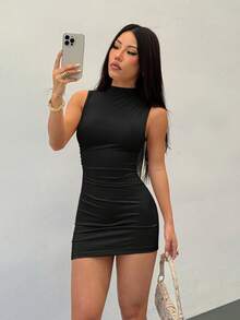 SHEIN PETITE 女款新款純色立領迷你洋裝，夏季女裝，適合嬌小女性 - 黑色 - 查看 6