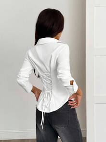 SHEIN PETITE 1 chiếc áo sơ mi nữ tay dài màu trơn cài cúc phía trước, kiểu dáng thường ngày, màu trắng. - trắng - Xem 7