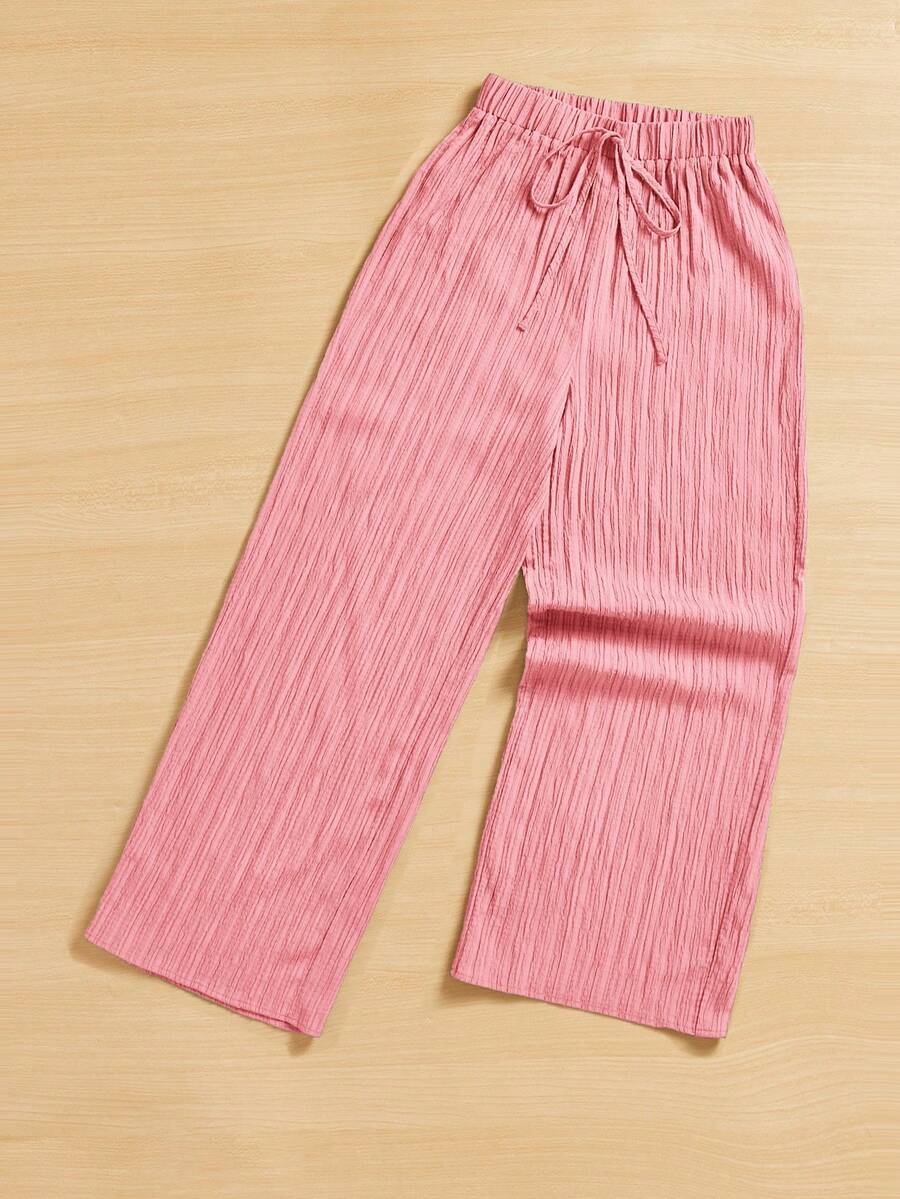 SHEIN PETITE 夏季休闲纹理阔腿七分裤 - 粉色 - 查看 1