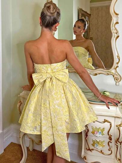 Glamine Charm Vintage Palace Style Women's Pink Jacquard Irregular Off-Shoulder A-Line Mini Dress With Waist Tie And Bow Decor, Suitable For Party, Birthday, Banquet, Garden Party, Wedding, Bridal Shower, Afternoon Tea, Cocktail Party, Pink Party