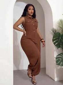 Slaydiva Bộ jumpsuit nữ không tay thanh lịch mùa Xuân/Hè, thích hợp cho công sở và sinh nhật, lễ tốt nghiệp, học sinh, đi chơi hàng ngày, đa năng cơ bản, thư giãn, nghỉ dưỡng, du lịch biển, tắm nắng, xu hướng thịnh hành, công sở thường ngày, tối giản và thoải mái. Thiết kế cổ yếm, ống loe và hàng cúc cài tiện dụng. - màu nâu - Xem 4