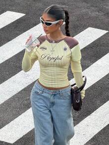 Muchica Women's Letter & Stripe Print Raglan Sleeve Casual T-Shirt - Multicolor - View 1