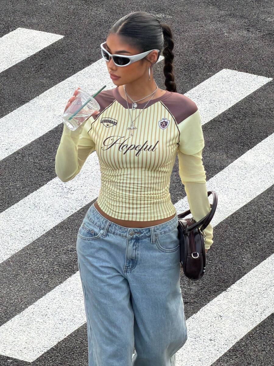 Muchica Women's Letter & Stripe Print Raglan Sleeve Casual T-Shirt - Multicolor - View 1