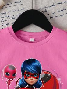 Miraculous Ladybug X SHEIN Áo thun tay ngắn cổ tròn in chữ hoạt hình dành cho bé gái, kiểu dáng thường ngày, đa năng. - trắng - Xem 4